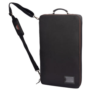 Black rectangular equestrian boot bag with a strap on a white background