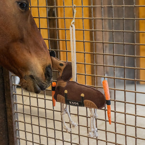 Horse sniffing a brown and orange horse toy hanging from a metal fence.