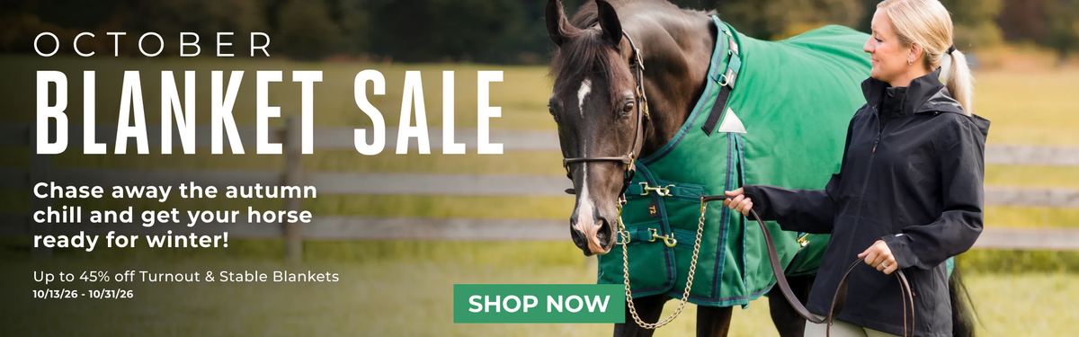 A woman in a black coat stands beside a horse wearing a bright green blanket in an outdoor field. Large promotional text reads 'OCTOBER BLANKET SALE' with a green 'SHOP NOW' button.