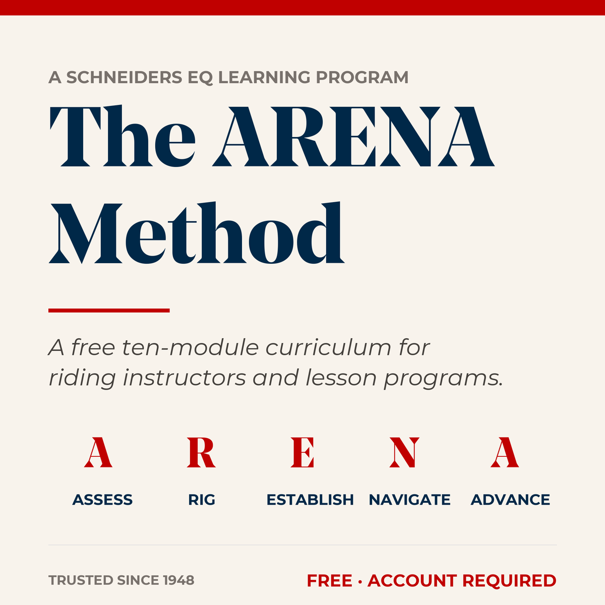 The ARENA Method — A Schneiders EQ Learning program. A free ten-module curriculum for riding instructors and lesson programs. ARENA = Assess, Rig, Establish, Navigate, Advance.